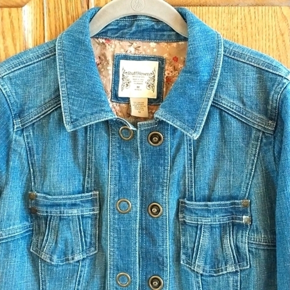 Ruff Hewn Vintage Women's Denim Jean Jacket‎ Size Medium Blue Gold Snap Close